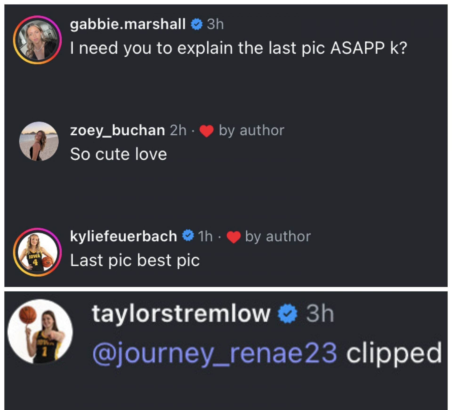 Gabbie Marshall and former Iowa teammates post hilarious reactions to Jada Gyamfi's IG post. Image via @jadagyamfi